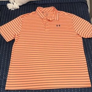 Under Armour Men's Vibrant Sherbet  Orange Polo with Navy Blue Stripes